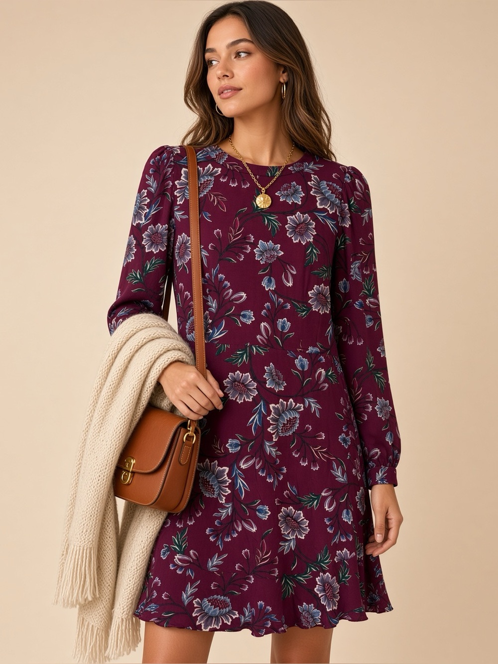 LOFT Burgundy Floral Long Sleeve Shift Dress Size 6